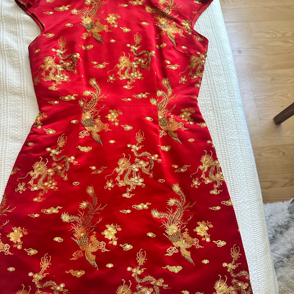 Red Asymmetrical Dress with Gold Dragon Embroidery (cheongsam, qipao)
